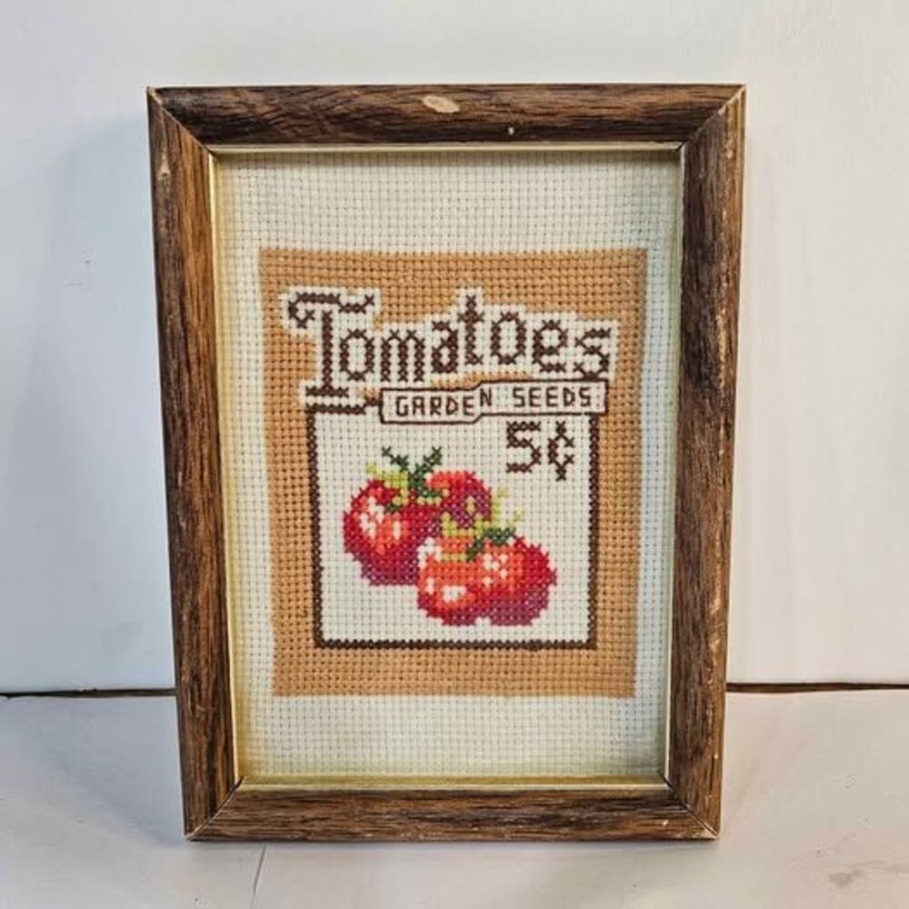 Vintage Style Framed Cross Stitch Tomatoes Garden Seeds Art